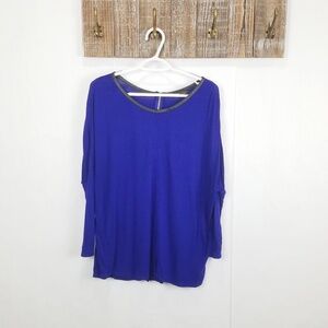 Zara Top Womens Medium Blue Faux Leather Trim Dolman Sleeve Blouse